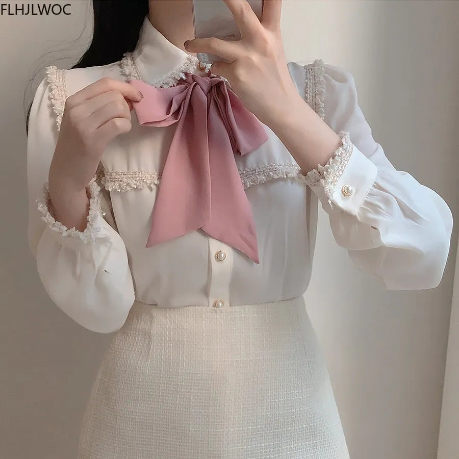 2020 Autumn Women&#39;s Cute Bow Tie Tops Preppy Style Vintage Japaneses Korea Design Button Elegant Formal White Shirts Blouses