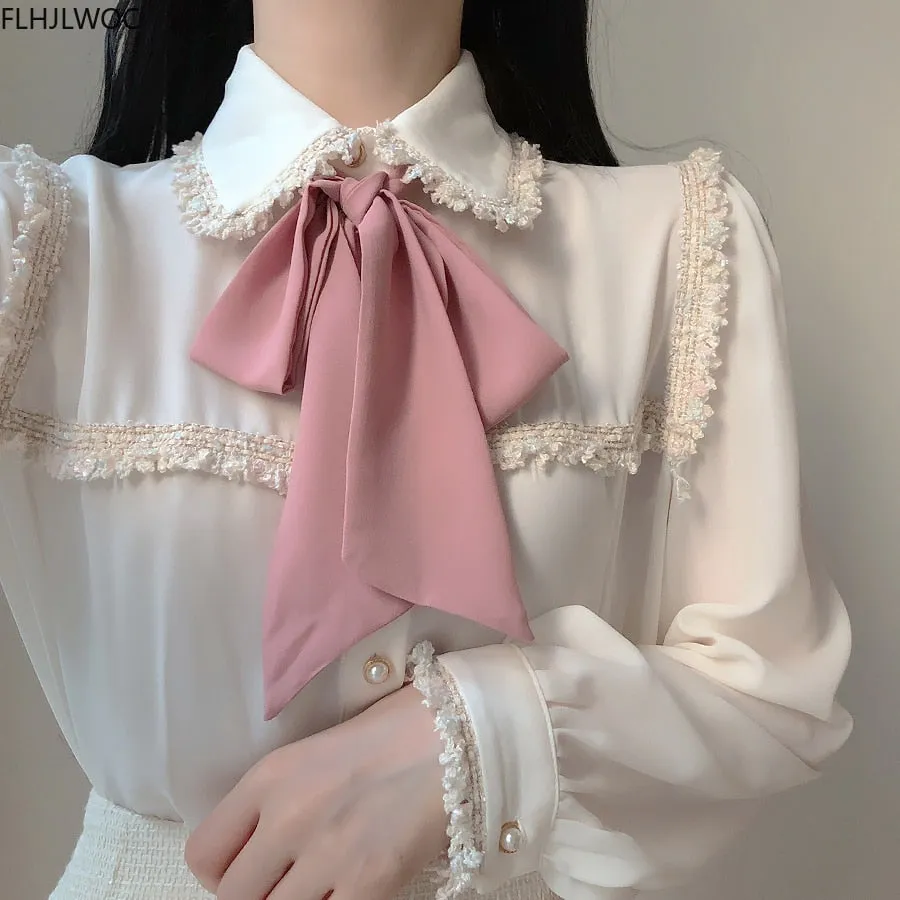 2020 Autumn Women&#39;s Cute Bow Tie Tops Preppy Style Vintage Japaneses Korea Design Button Elegant Formal White Shirts Blouses
