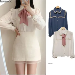 2020 Autumn Women&#39;s Cute Bow Tie Tops Preppy Style Vintage Japaneses Korea Design Button Elegant Formal White Shirts Blouses