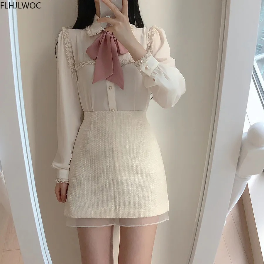 2020 Autumn Women&#39;s Cute Bow Tie Tops Preppy Style Vintage Japaneses Korea Design Button Elegant Formal White Shirts Blouses