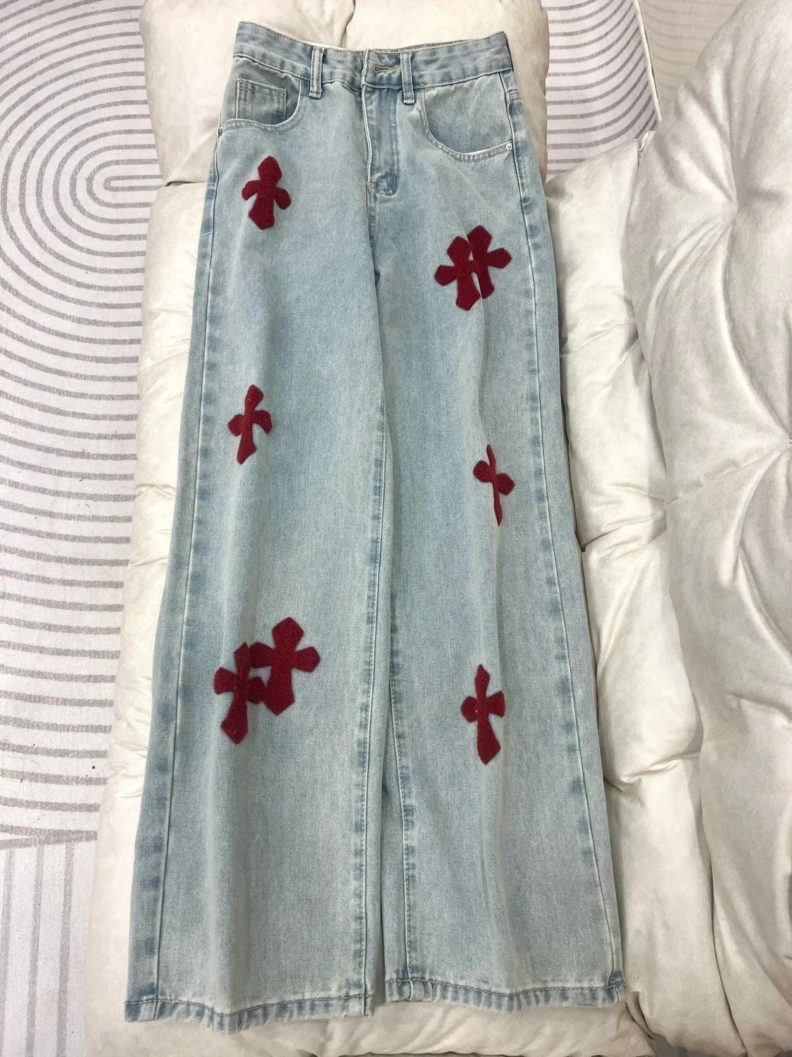 2024 Winter New Vintage Embroidered High-Waist Wide-Leg Jeans for Women – Slimming Straight-Leg Floor-Length Pants
