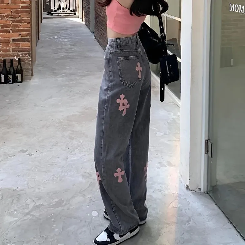 2024 Winter New Vintage Embroidered High-Waist Wide-Leg Jeans for Women – Slimming Straight-Leg Floor-Length Pants