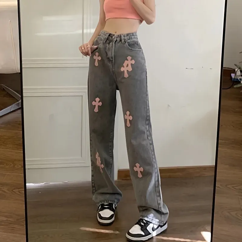 2024 Winter New Vintage Embroidered High-Waist Wide-Leg Jeans for Women – Slimming Straight-Leg Floor-Length Pants