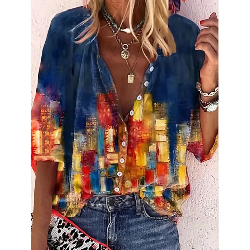 Amy Fashion - Elegant Loose Abstraction Print Shirt