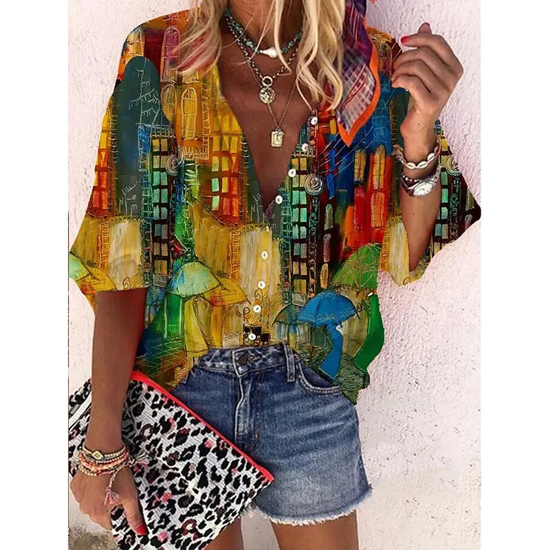 Amy Fashion - Elegant Loose Abstraction Print Shirt