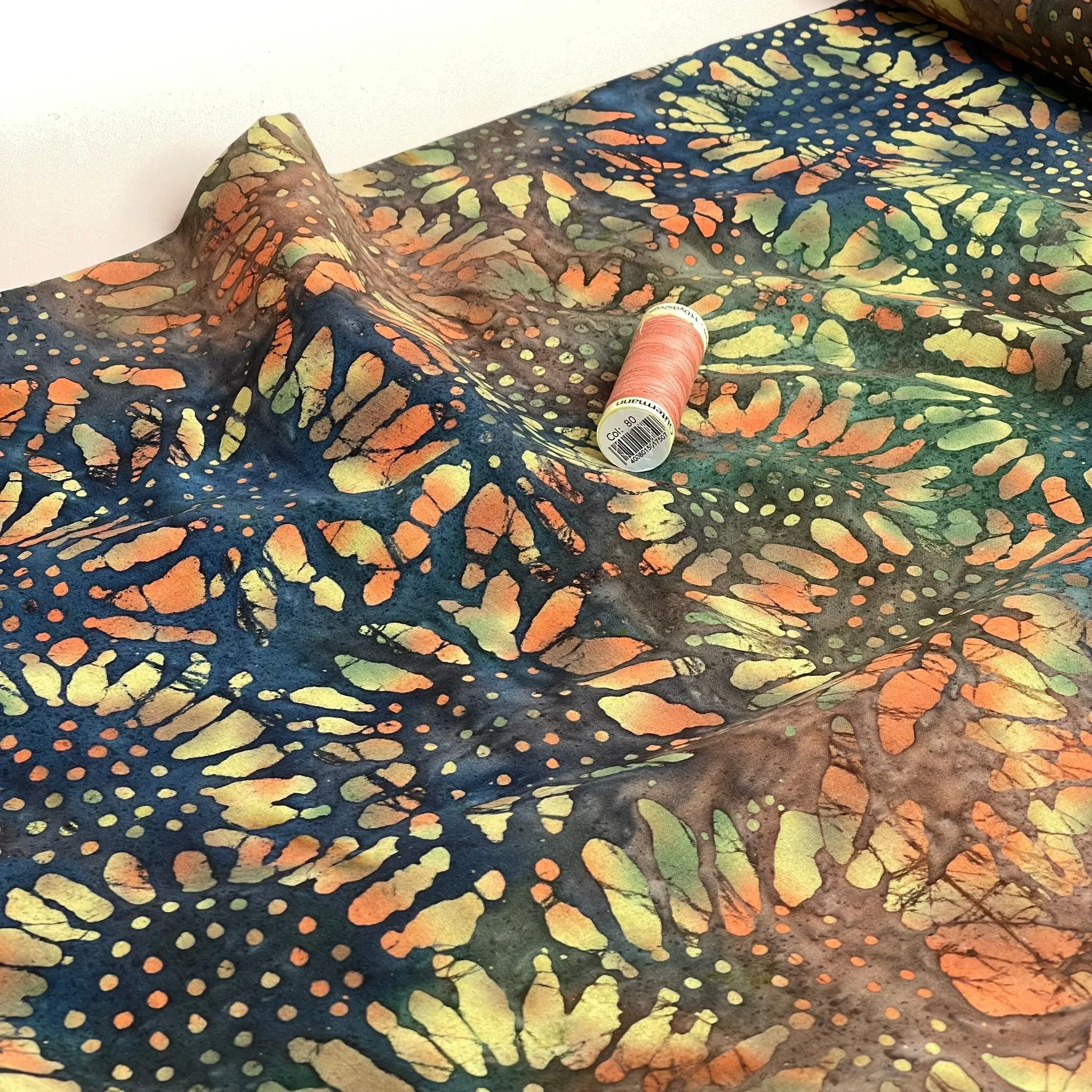 Batik Sunflowers on Navy Cotton Fabric
