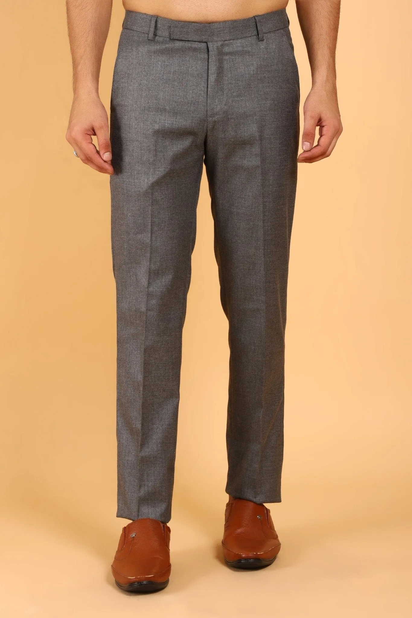 Bluebird Men's Grey Textured Lycra Formal Trousers
