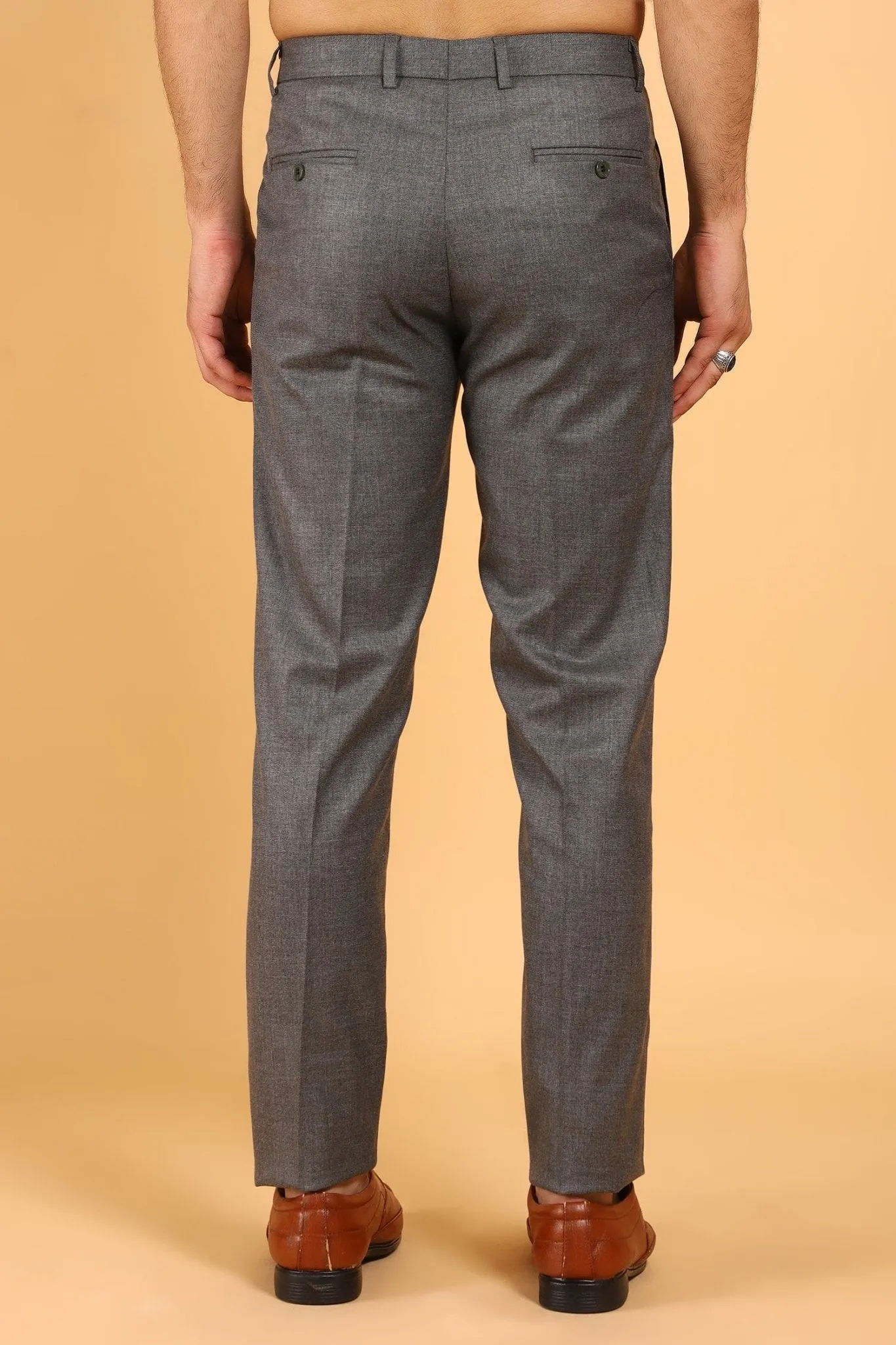 Bluebird Men's Grey Textured Lycra Formal Trousers