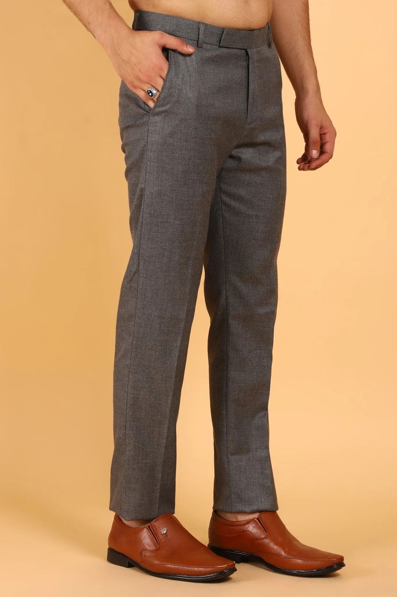 Bluebird Men's Grey Textured Lycra Formal Trousers