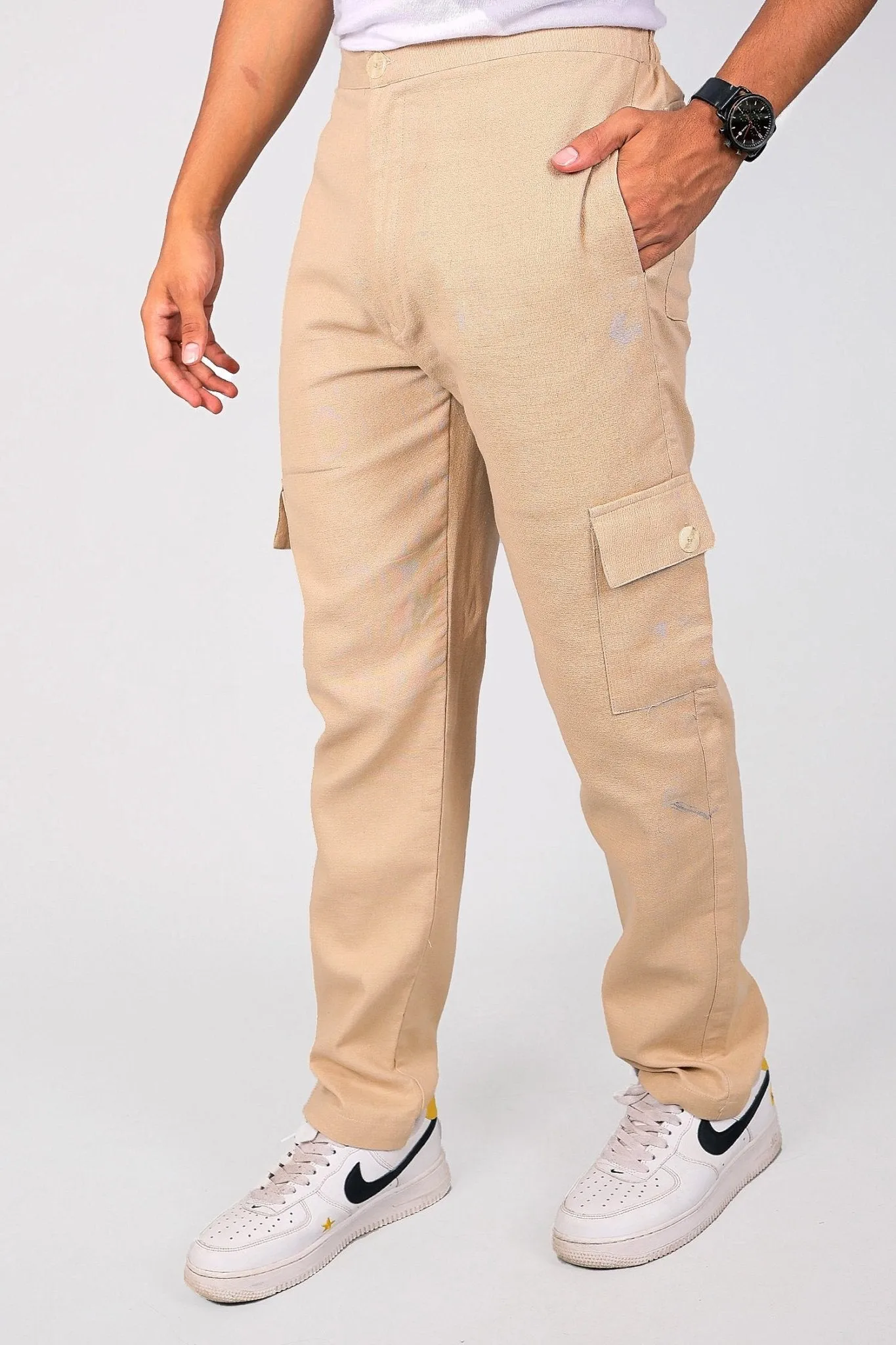 Bluebird Men's Slim Fit Cotton Cargo Pant Beige