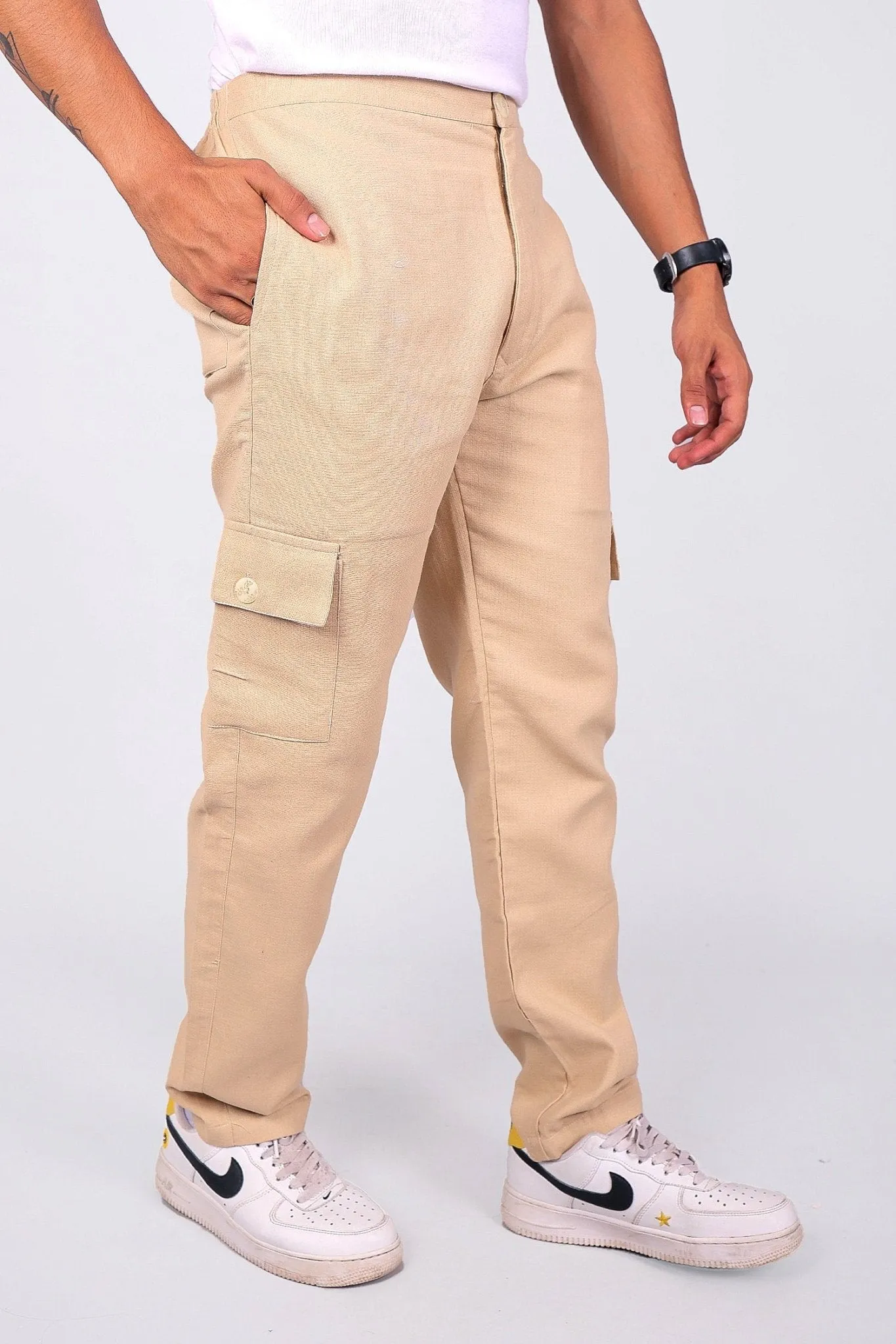 Bluebird Men's Slim Fit Cotton Cargo Pant Beige