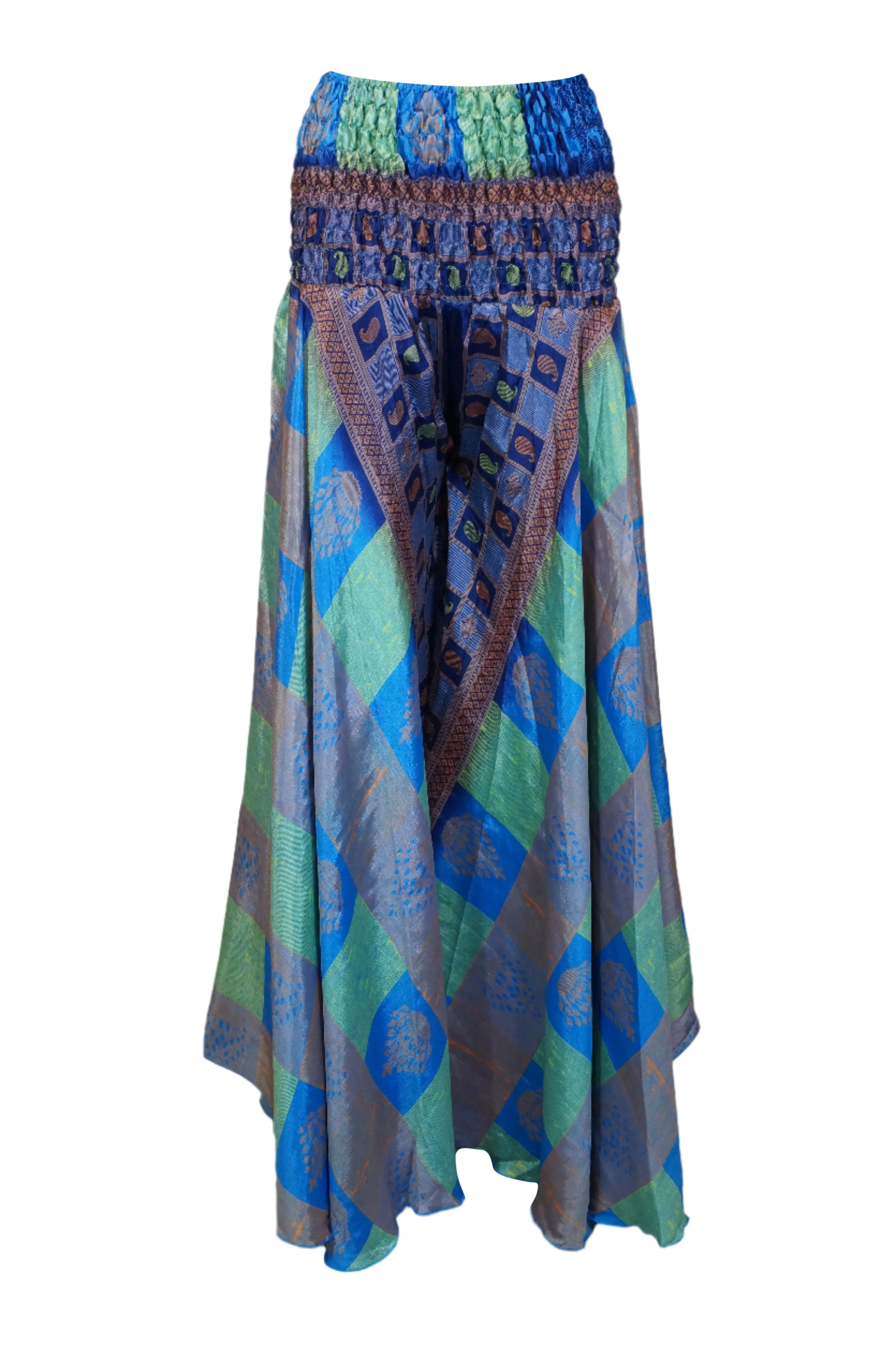 Boho Chic Blue & Green Wide-Leg Pants – Flowy Skirt-Inspired Elegance SM