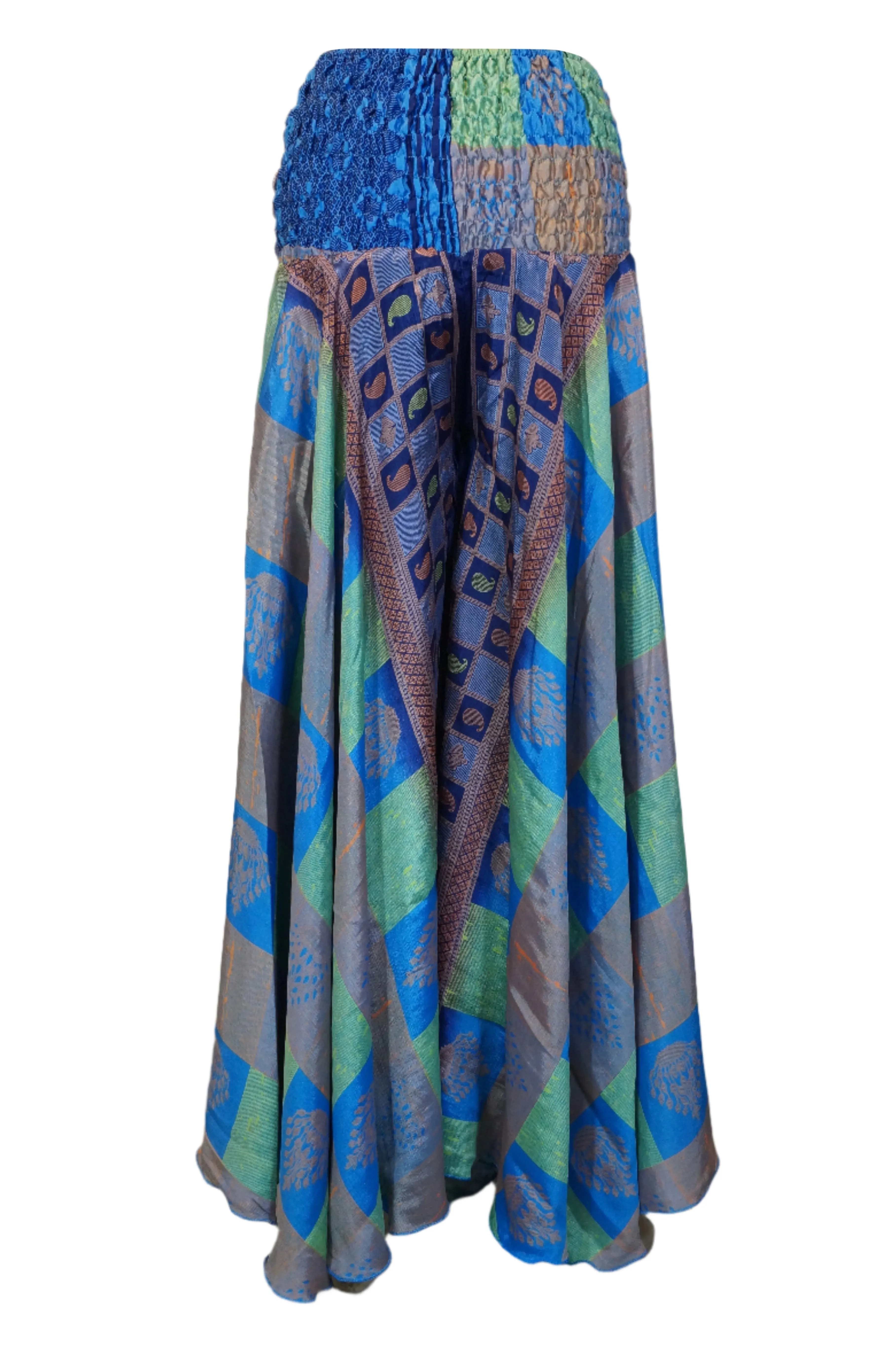 Boho Chic Blue & Green Wide-Leg Pants – Flowy Skirt-Inspired Elegance SM