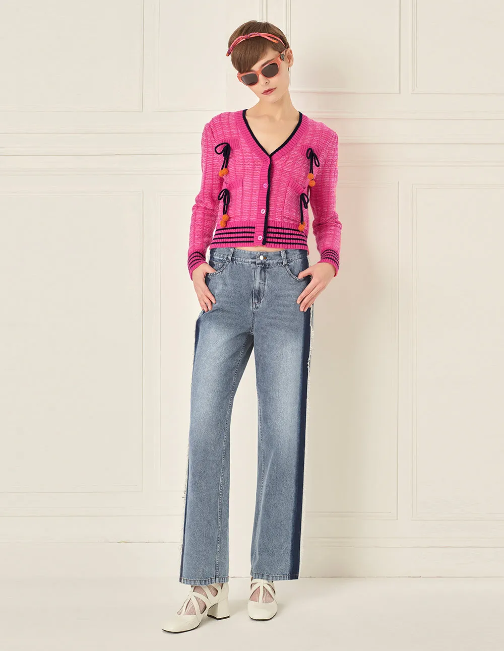 BORA AKSU Versatile White Washed Blue Frayed Wide Leg Jeans