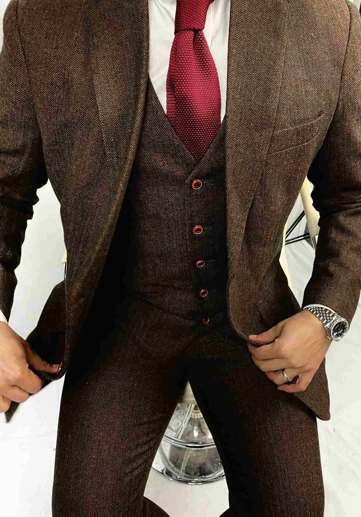 Brown Herringbone 2 Piece Tweed Suit