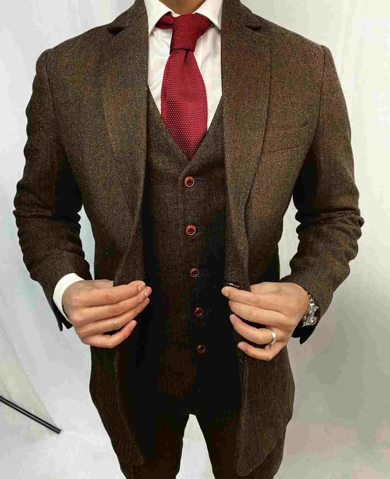 Brown Herringbone 2 Piece Tweed Suit