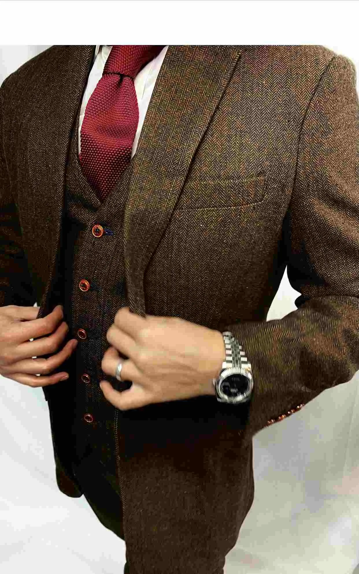 Brown Herringbone 2 Piece Tweed Suit