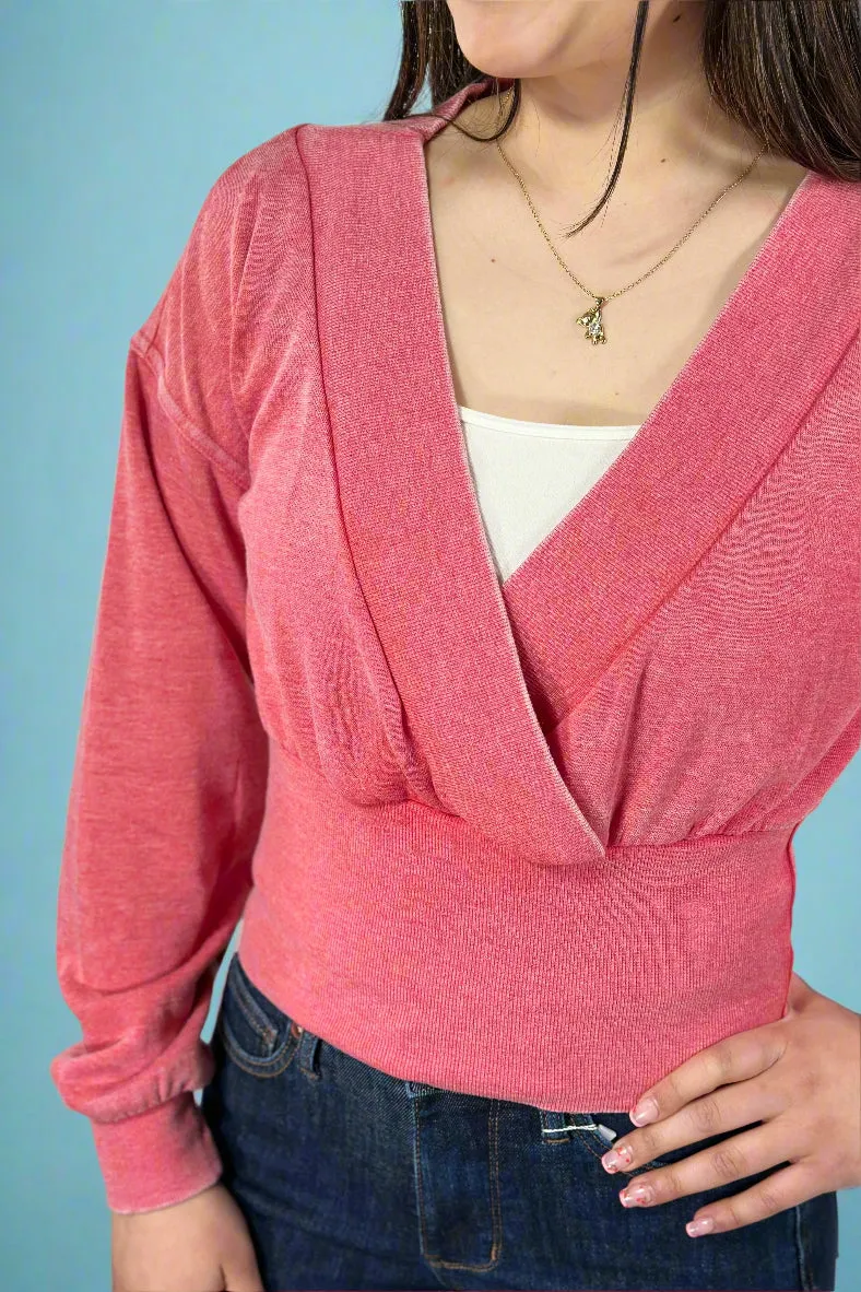 Burned Out Deep V-Neck Sweater - Cherry