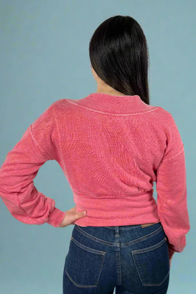 Burned Out Deep V-Neck Sweater - Cherry