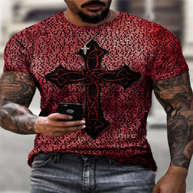 Casual Fashion Round Neck Retro Cross Print T-shirt