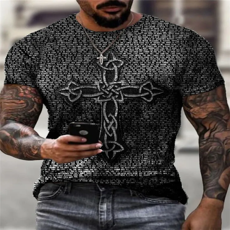 Casual Fashion Round Neck Retro Cross Print T-shirt