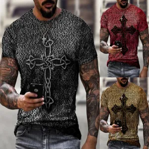 Casual Fashion Round Neck Retro Cross Print T-shirt