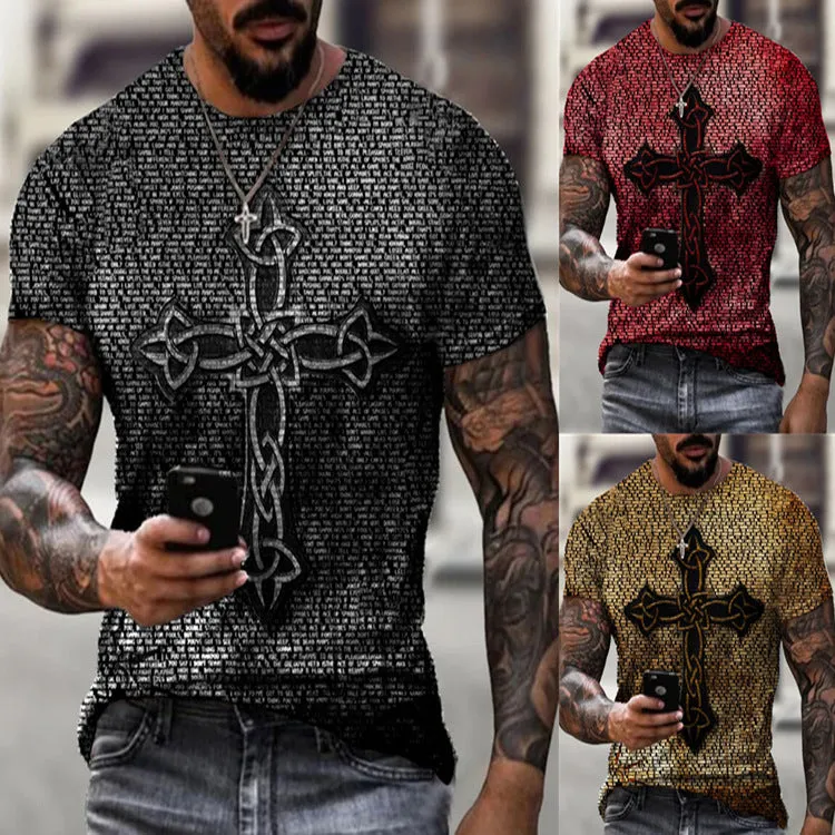 Casual Fashion Round Neck Retro Cross Print T-shirt
