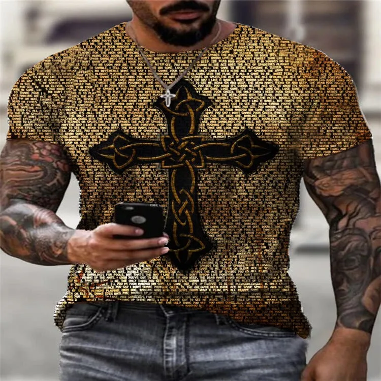 Casual Fashion Round Neck Retro Cross Print T-shirt