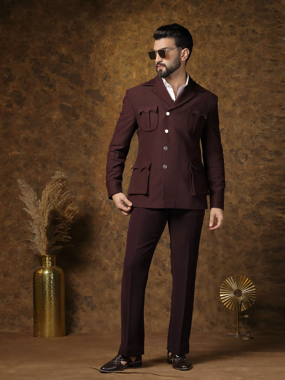 Chocolate Brown Indo-Western Suit with Military-Inspired Design for Formal Events