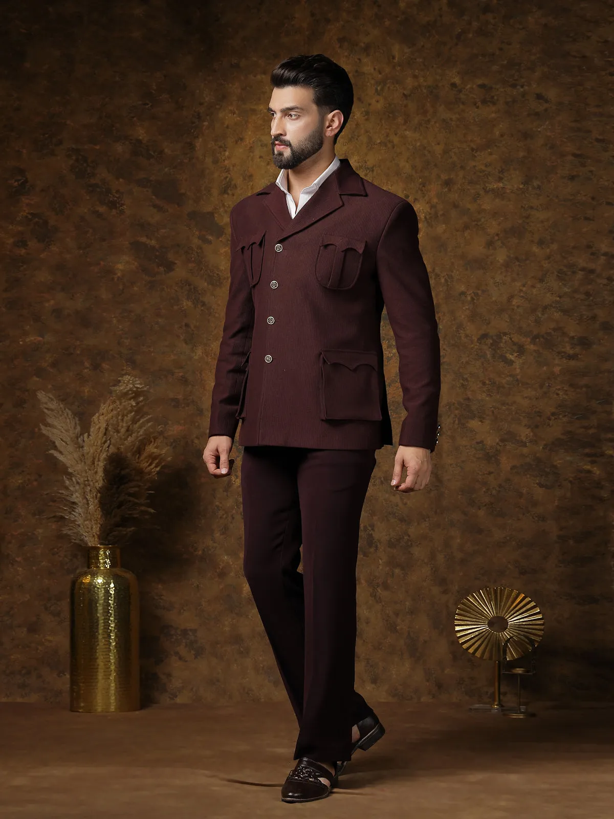 Chocolate Brown Indo-Western Suit with Military-Inspired Design for Formal Events