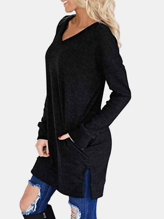 Custom V-Neck Long Sleeve Slit Hem Top