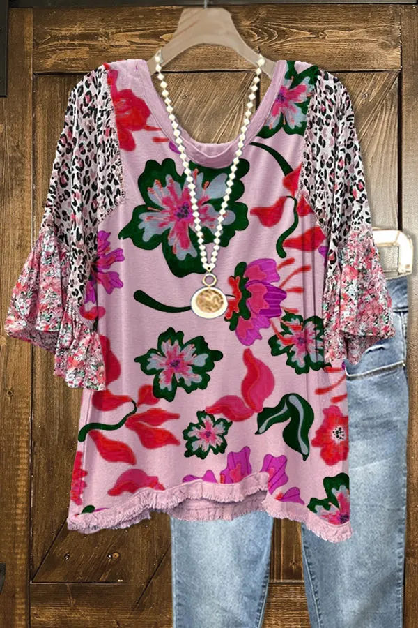 Elegant Easter Contrast Color Stitching Ruffle Blouse