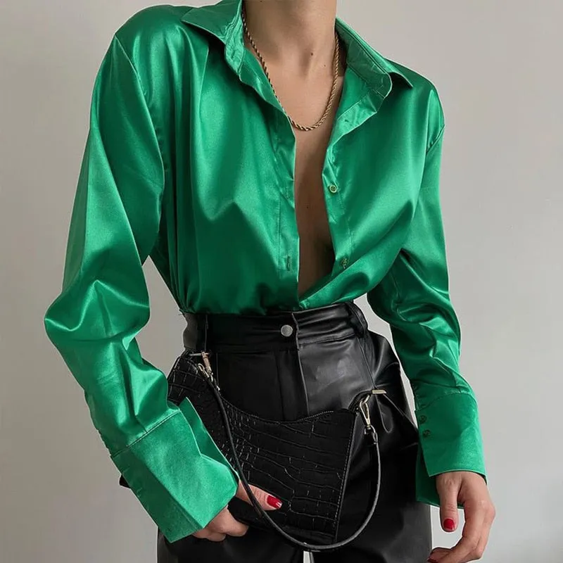 Fashionkova  Elegant Satin Blouses Women 2022 Spring Summer Solid Long Sleeve Vintage Chic Blue Green Casual Loose Button Silk Shirts Tops