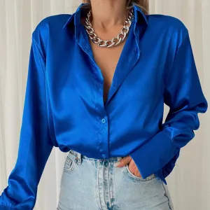 Fashionkova  Elegant Satin Blouses Women 2022 Spring Summer Solid Long Sleeve Vintage Chic Blue Green Casual Loose Button Silk Shirts Tops