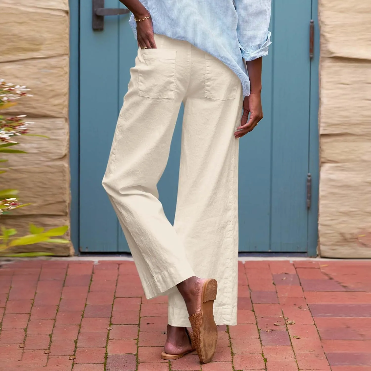 GOFULY Linen Pants for Women Casual Wide Straight Leg High Rise Casual Palazzo Pants 2025 Summer Solid Trousers with Pockets