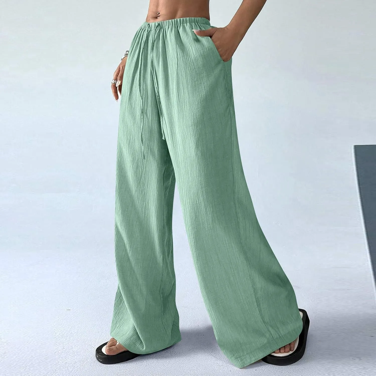 GOFULY Wide Leg Pants for Women Linen Beach Western Summer Drawstring Elastic Waist Pants High Waist Pockets Solid Outfits