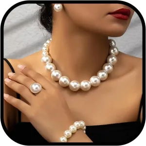 Harry and Henry Elegant Faux Pearl Jewelry Set for Women Chunky Necklace Dainty Stud Earrings Bridal Wedding Accessories Gift