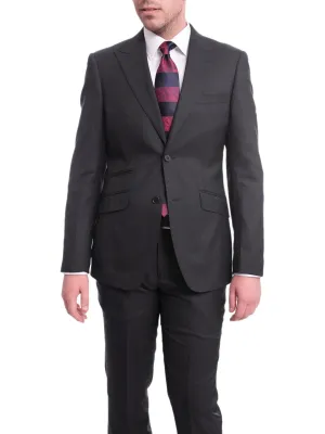 Ideal Slim Fit Solid Charcoal Gray Two Button Wool Suit With Peak Lapels