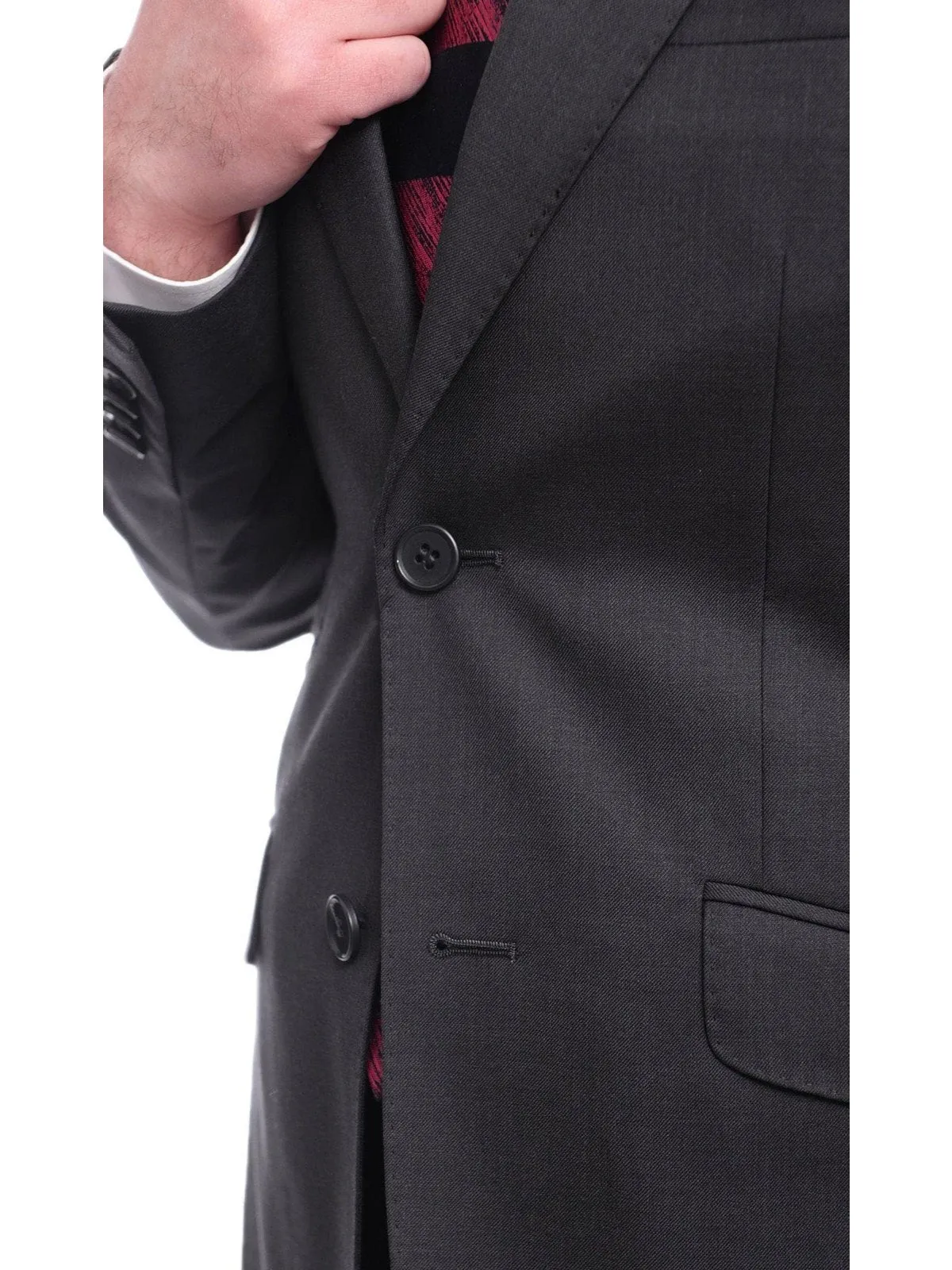 Ideal Slim Fit Solid Charcoal Gray Two Button Wool Suit With Peak Lapels