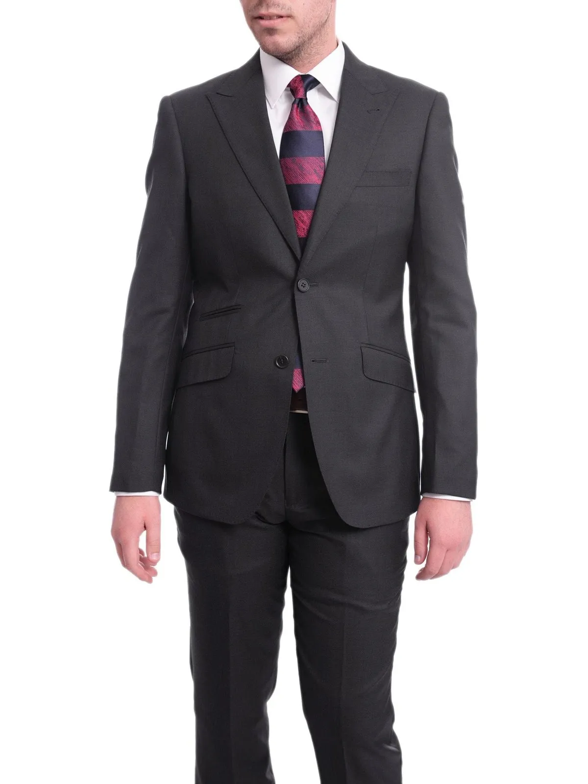 Ideal Slim Fit Solid Charcoal Gray Two Button Wool Suit With Peak Lapels
