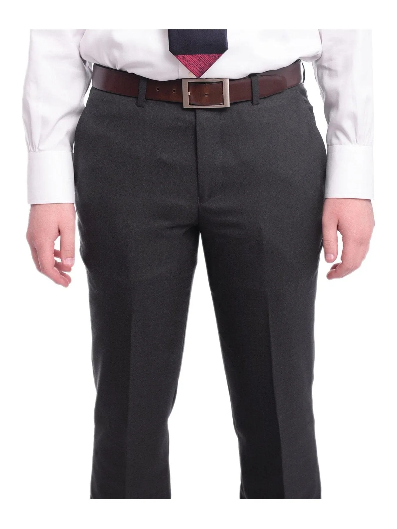 Ideal Slim Fit Solid Charcoal Gray Two Button Wool Suit With Peak Lapels