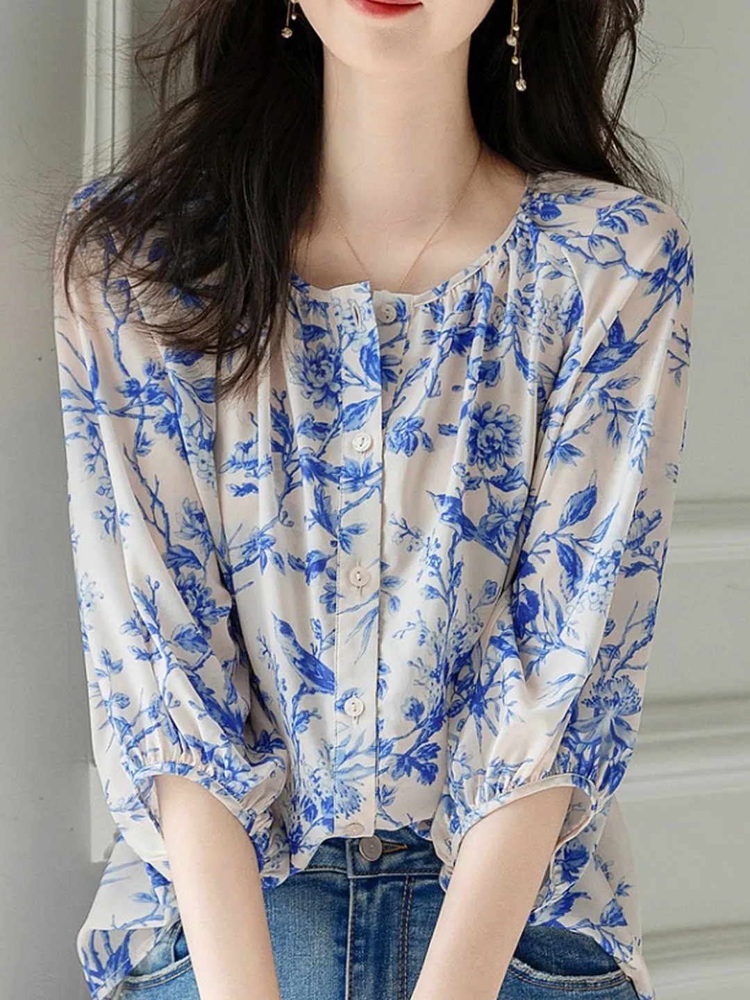 Jessica Elegant Crew Neck Puff Sleeve Printed Chiffon Top