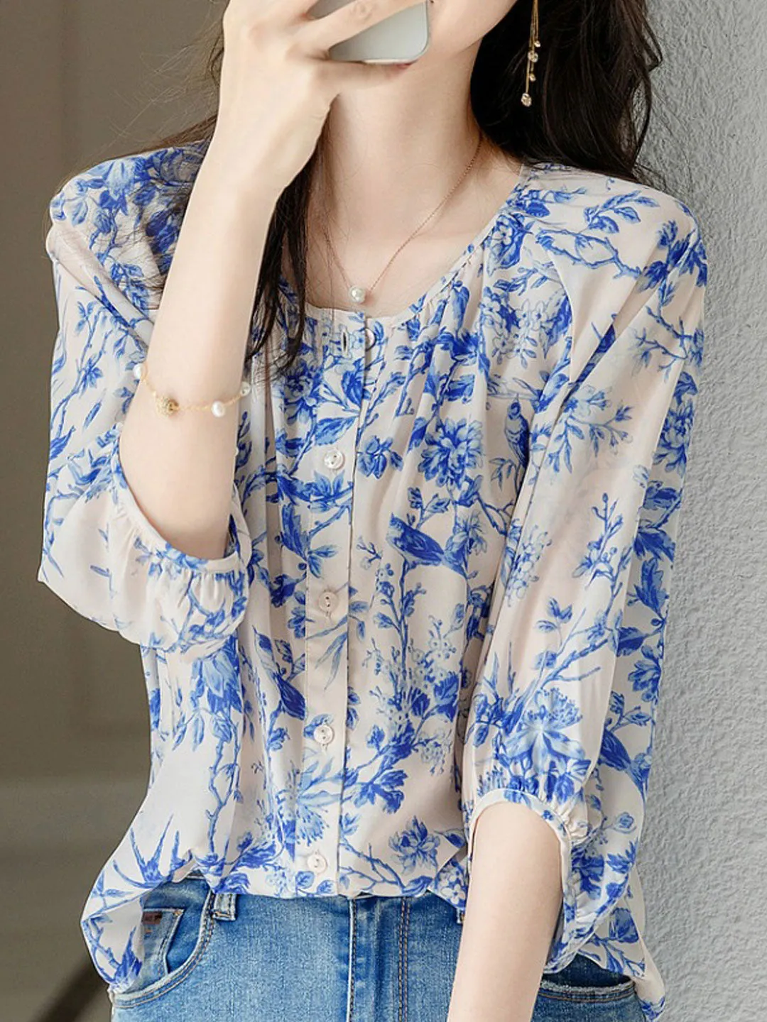 Jessica Elegant Crew Neck Puff Sleeve Printed Chiffon Top