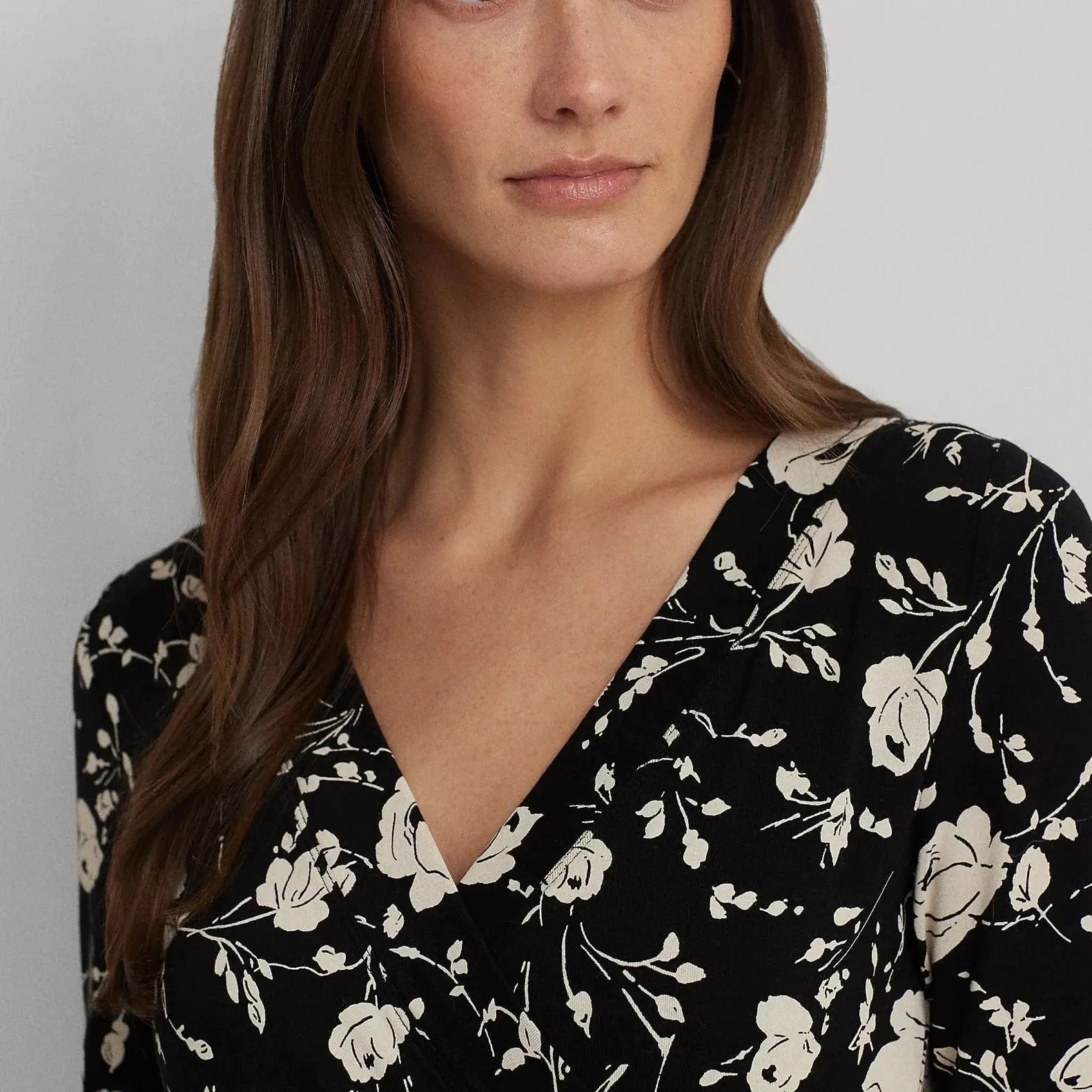 Lauren Ralph Lauren Floral Surplice Stretch Jersey Top In Black / Cream