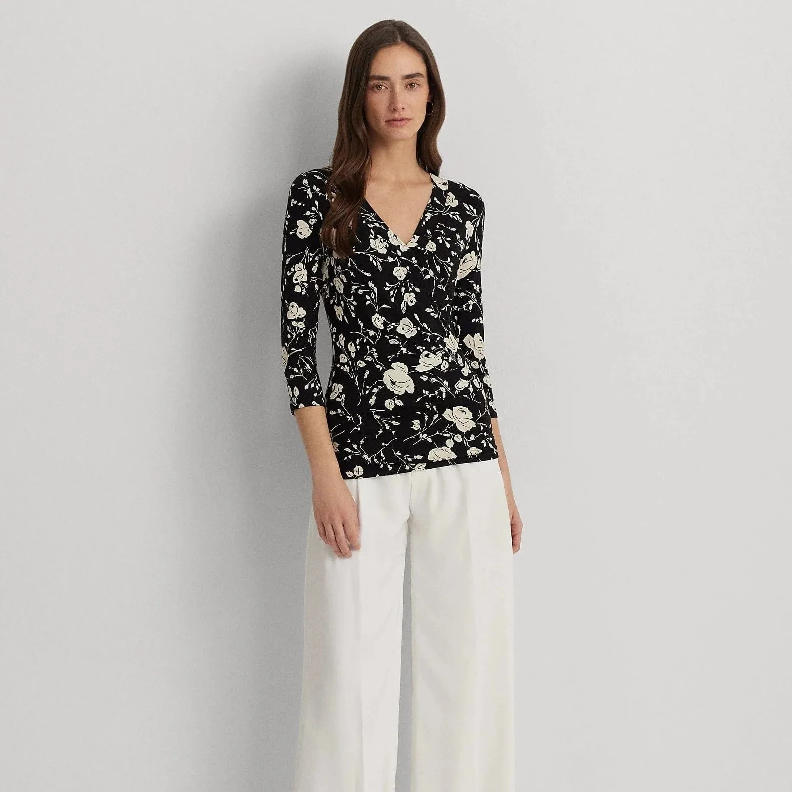 Lauren Ralph Lauren Floral Surplice Stretch Jersey Top In Black / Cream
