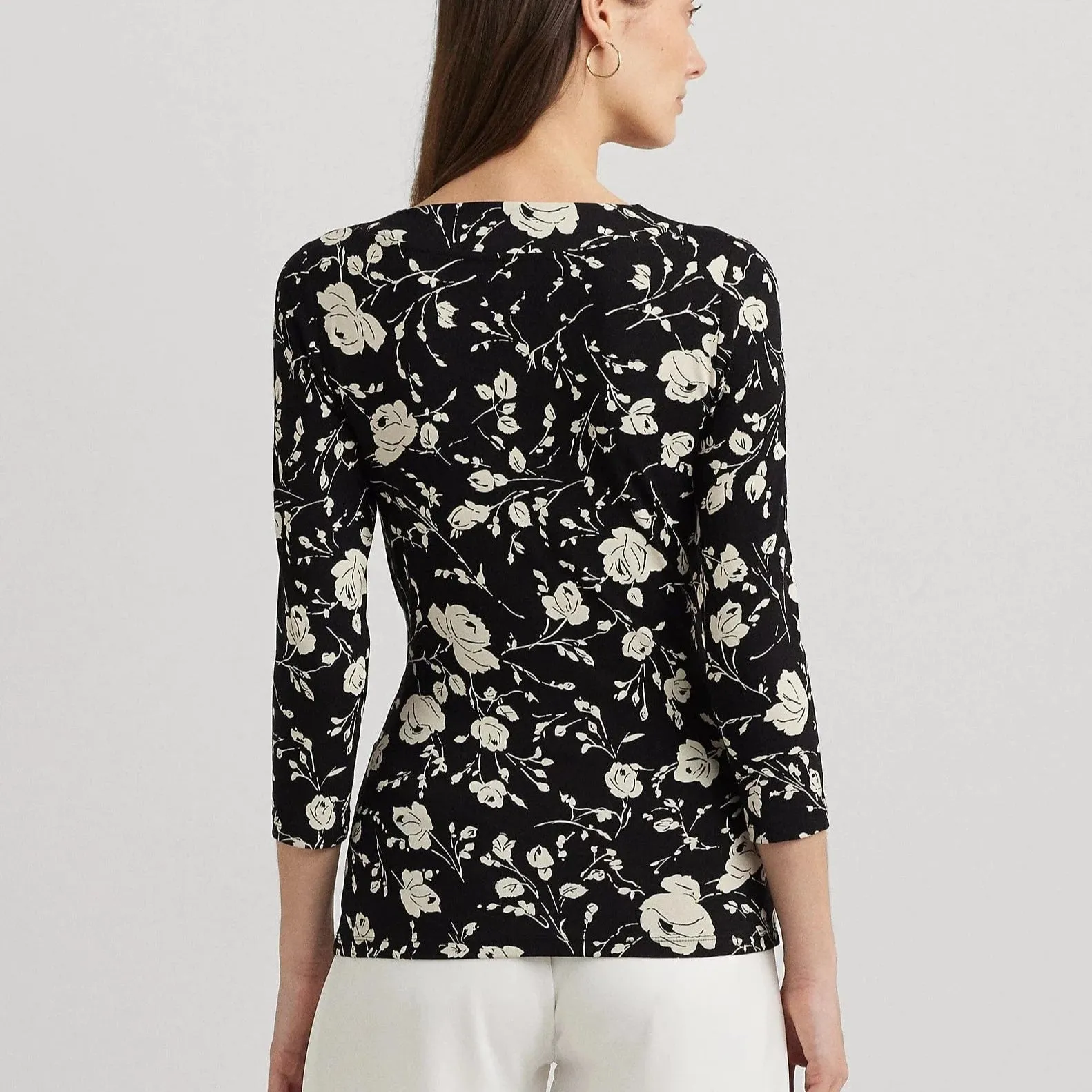 Lauren Ralph Lauren Floral Surplice Stretch Jersey Top In Black / Cream