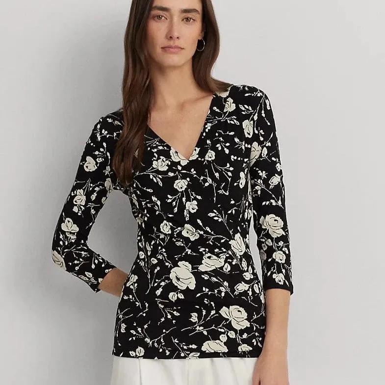Lauren Ralph Lauren Floral Surplice Stretch Jersey Top In Black / Cream