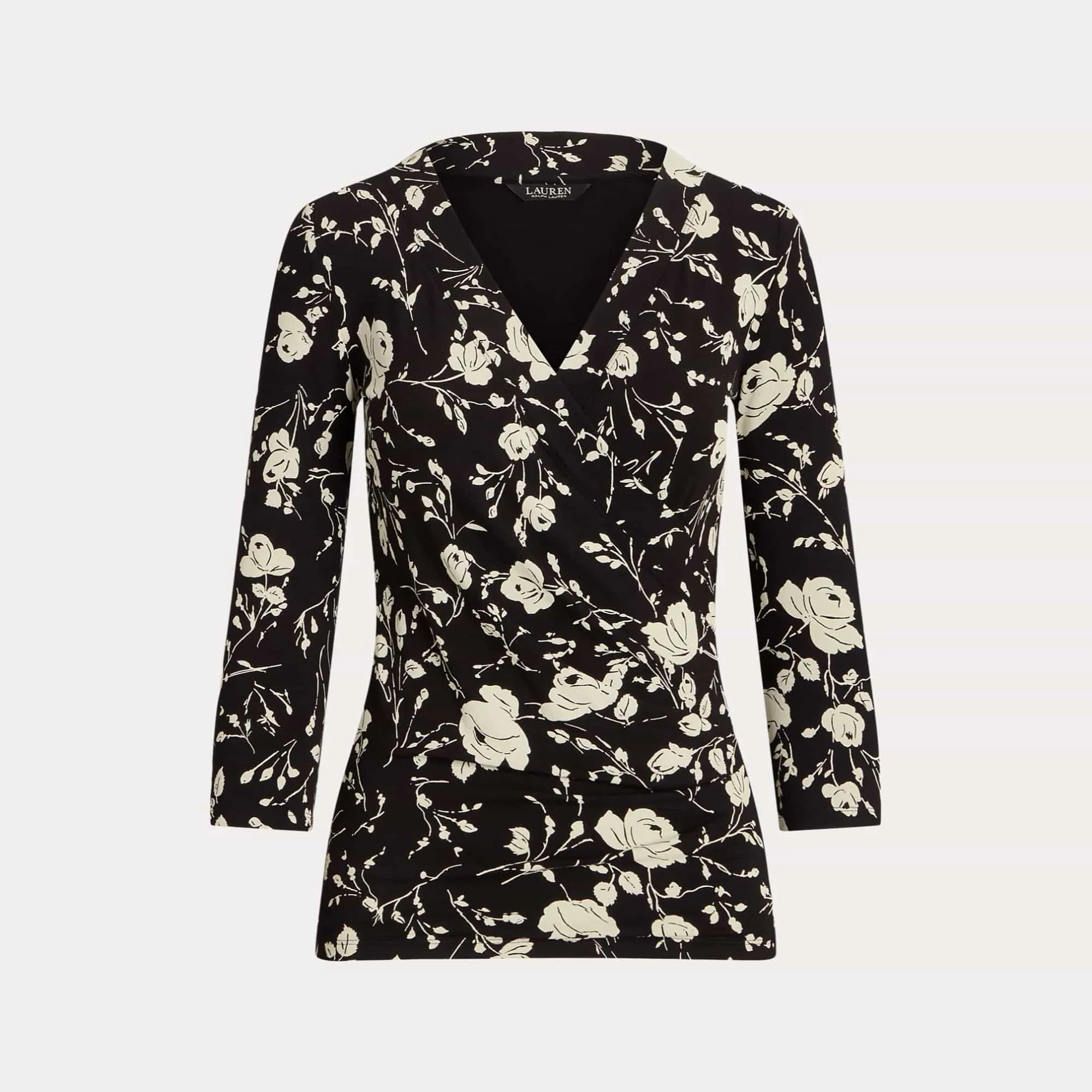 Lauren Ralph Lauren Floral Surplice Stretch Jersey Top In Black / Cream