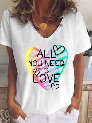 Love letter printing casual loose V-neck short-sleeved T-shirt