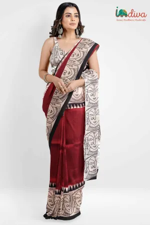 Maroon Block Printed Murshidabad Silk saree